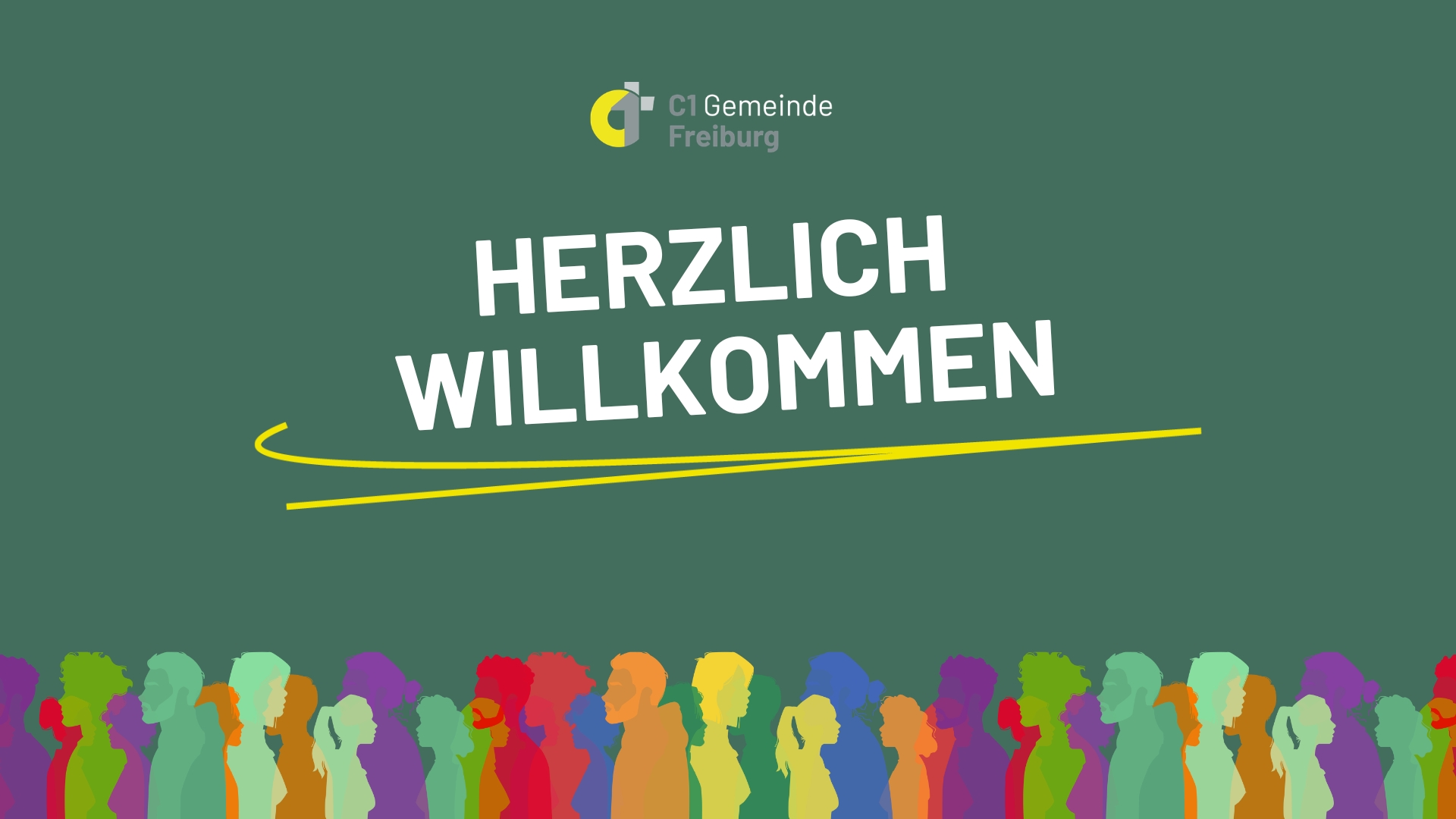 Herzlich Willkommen in der C1 Gemeinde Freiburg – Banner mit bunten Menschen-Silhouetten
